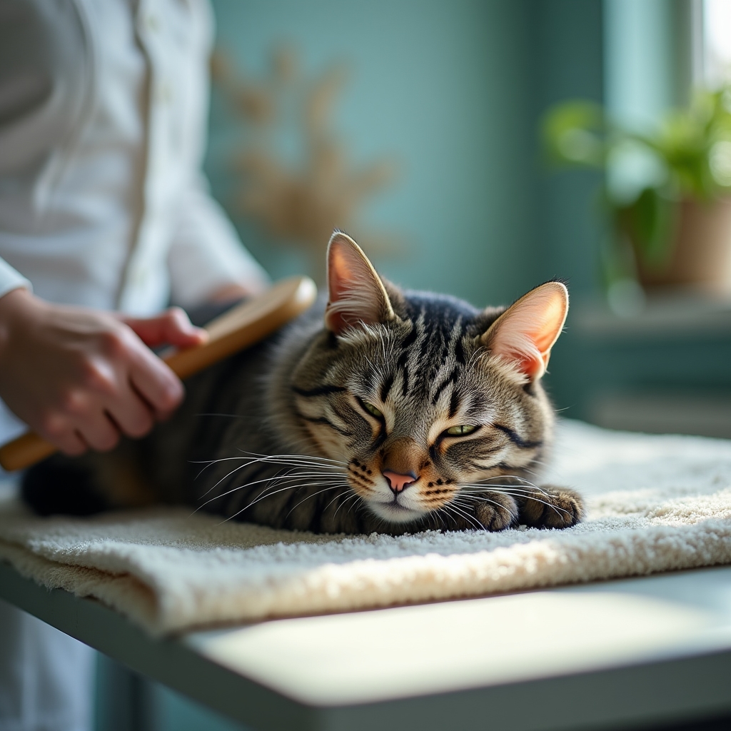 Cat resting calmly during a low-stress grooming session