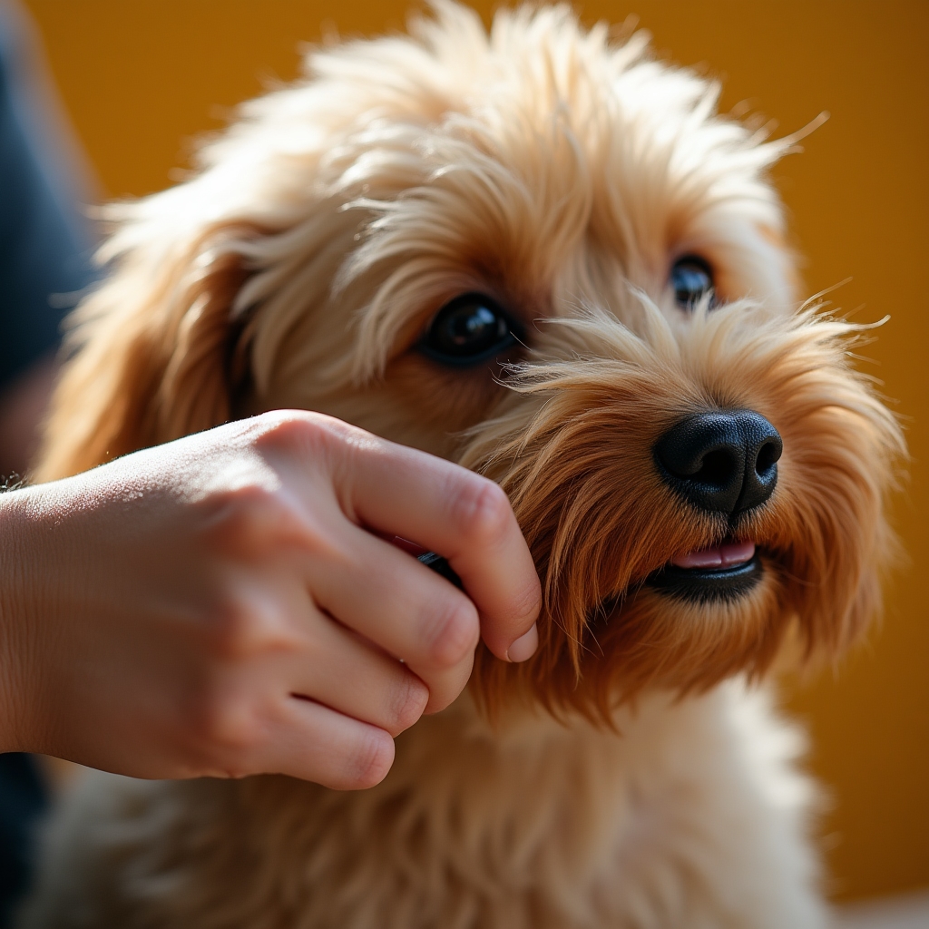 Close-up of a groomer's hands brushing through a dog's coat with a detangling comb