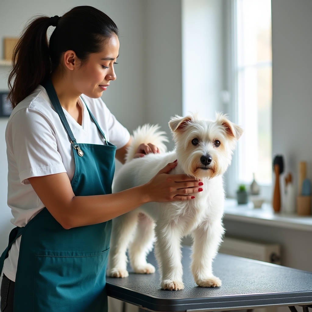 Groomer gently brushing the coat of a senior dog on a padded table
