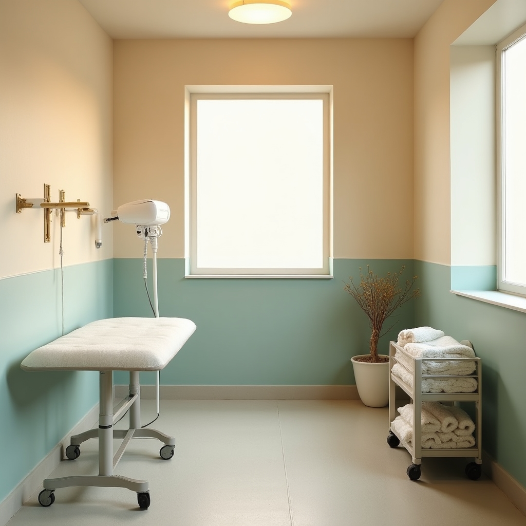 Quiet, softly lit grooming room interior with non-slip flooring and minimal equipment on display